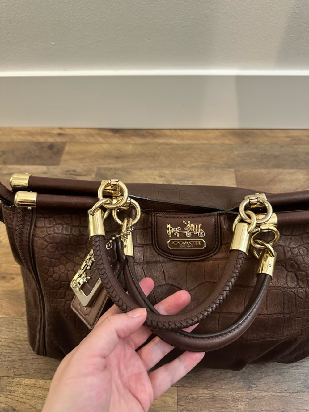 Coach Madison Pinnacle Croc Embossed Satchel Mahogany Brown Gold Hardware Rare - Picture 5 of 13